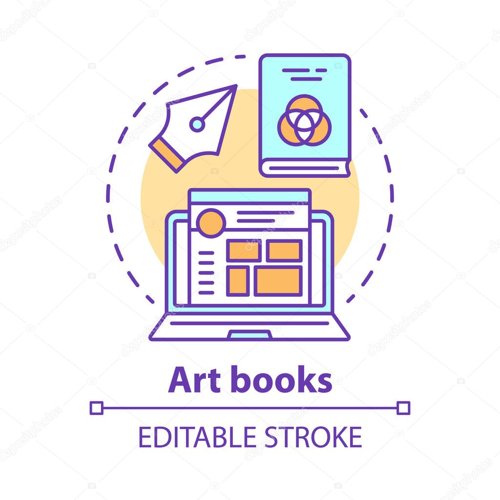 Art books concept icon. Graphic design literature idea thin line illustration. Writing articles, blog content creating. Social media post design.Vector isolated outline drawing. Editable stroke