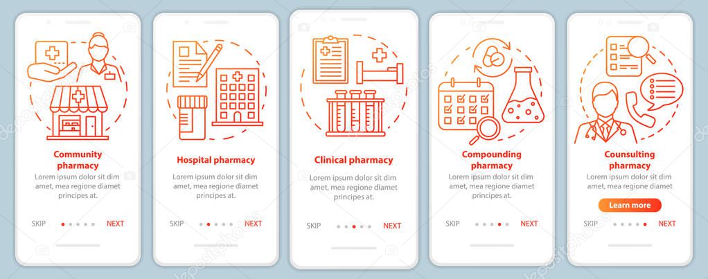 Pharmacy types onboarding mobile app page screen vector template. Hospital, clinic pharmacology. Walkthrough website steps with linear illustrations. UX, UI, GUI smartphone interface concept