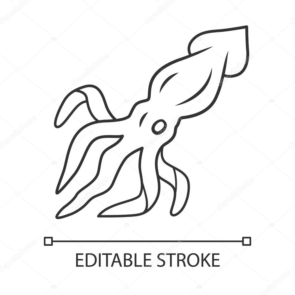 Squid linear icon. Swimming marine animal with tentacles. Underwater creature. Floating fish. Aquatic mollusk. Thin line illustration. Contour symbol. Vector isolated outline drawing. Editable stroke