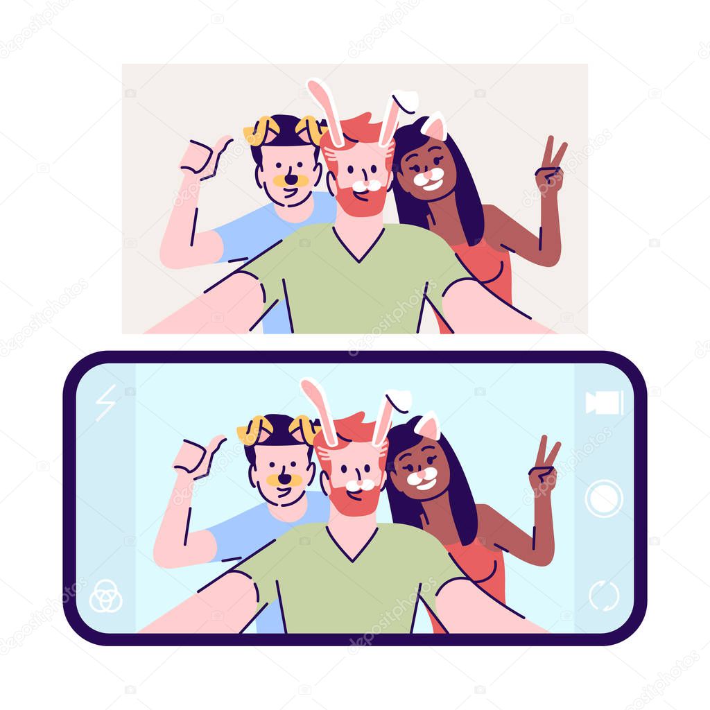 Selfie flat vector illustration. Friends take animated self photo. Picture with animal face items. Smartphone selfie app with mask filter cartoon character with outline elements on white background