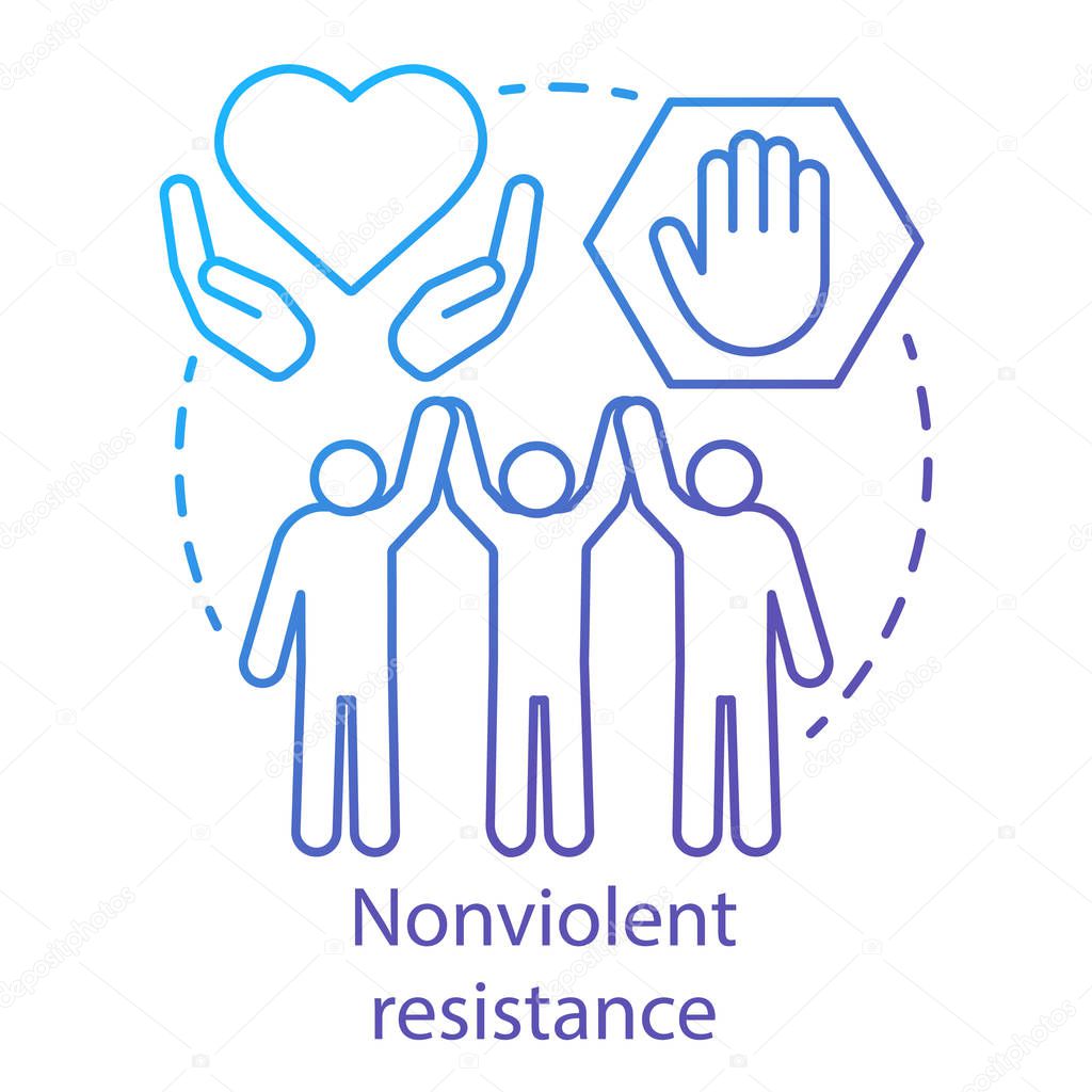Nonviolent resistance concept icon. Peaceful social protest, public rally, pacifism movement idea thin line illustration. Protesters, activists holding hands vector isolated outline drawing
