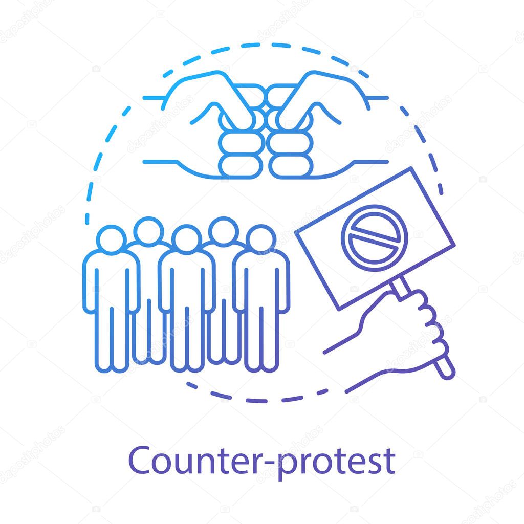 Counter protest concept icon. Public demonstration, disagreement manifestation idea thin line illustration. Hand holding placard, fists and crowd vector isolated outline drawing. Political rally