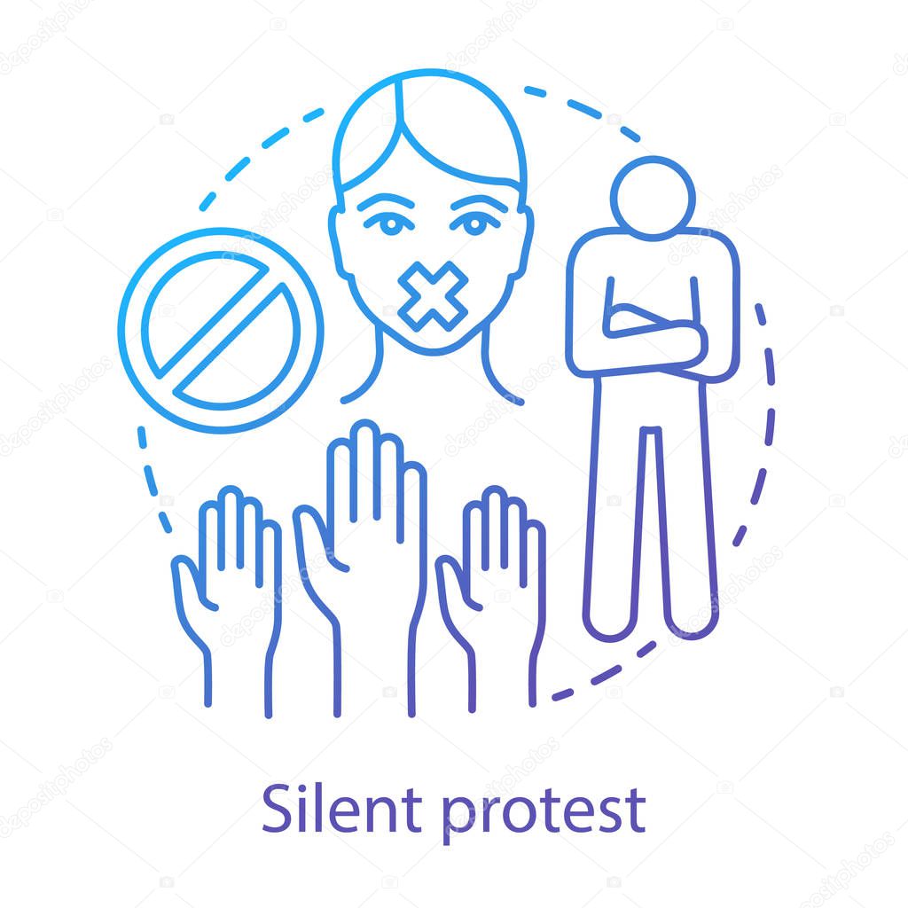 Silent protest concept icon. Civil disobedience, nonviolent resistance, boycott idea thin line illustration. Raised hands, stop sign, protester with taped mouth vector isolated outline drawing