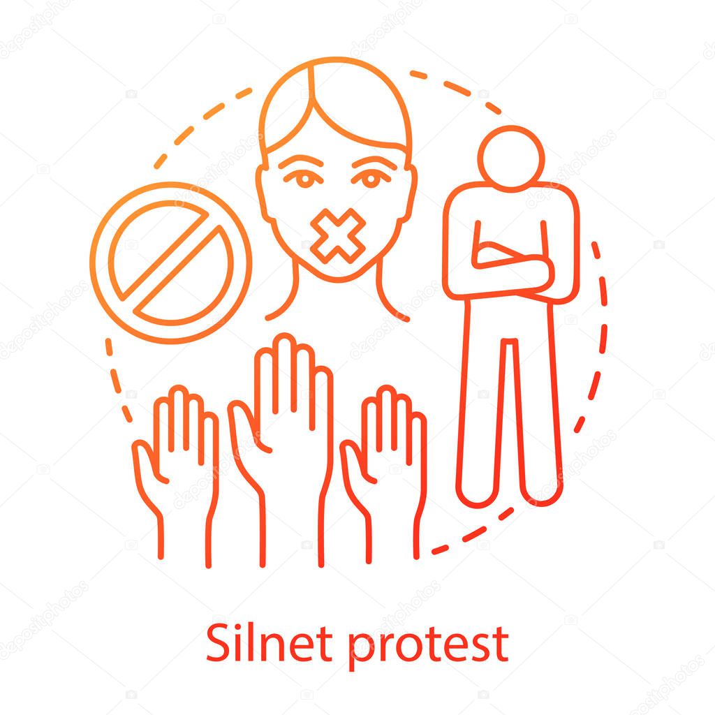 Silent protest concept icon. Civil disobedience, nonviolent resistance, boycott idea thin line illustration. Raised hands, stop sign, activist with taped mouth vector isolated outline drawing