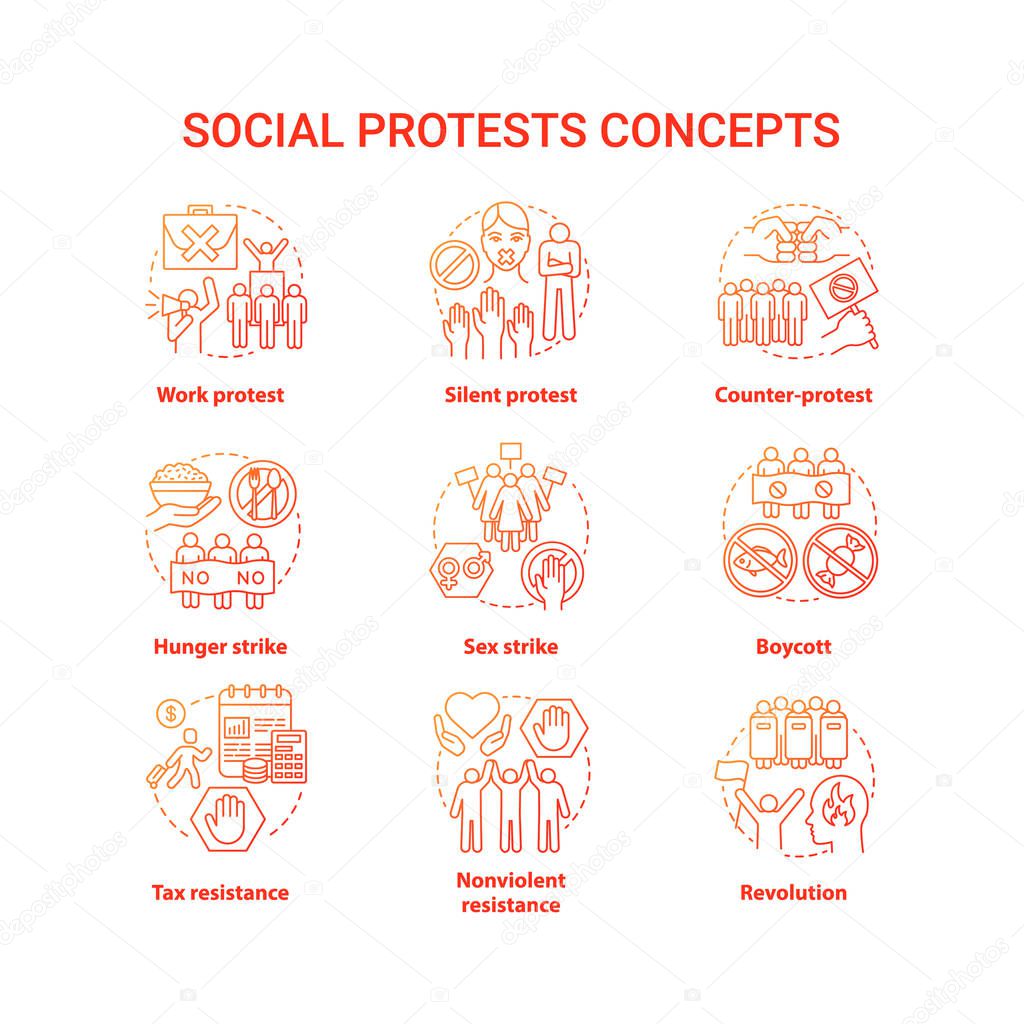 Social protests concept icons set. Public opposition, civil disobedience idea thin line illustrations. Political resistance and strikes vector isolated outline drawings. Government manifestation