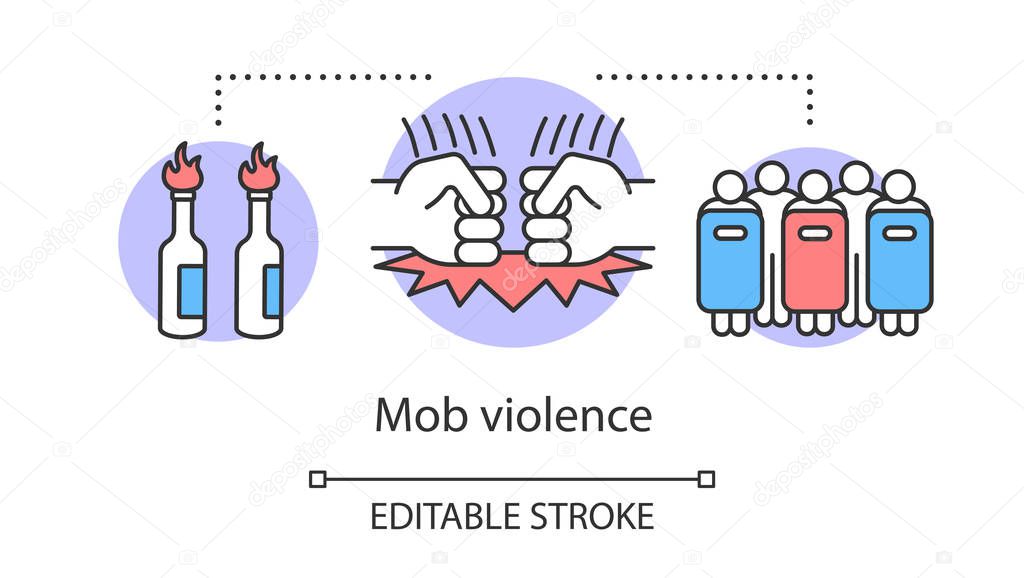 Mob violence concept icon. Civil unrest, vandalism, rebelion control idea thin line illustration. Molotov cocktails, fists and riot police with shields vector isolated outline drawing. Editable stroke