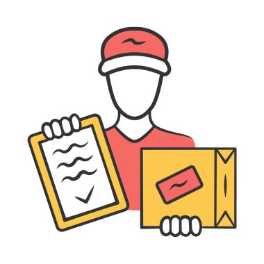 Paket teslim renk simgesi. Kurye servisi. Paket teslimi. Kutu ve faturalı teslimatçı. Postacı karton paket tutuyor. Posta servisi, nakliye. Yalıtılmış vektör illüstrasyonu