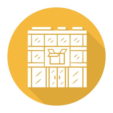 Postane bina sarı düz tasarım uzun gölge glyph simgesi. Posta deposu tesisleri. Teslimat ofisi. Sipariş nakliye. Sevkiyat servisi. Parsel depolama. Vektör siluet illüstrasyon