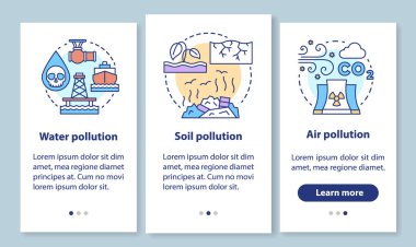 Kirlilik doğrusal kavramlar ile mobil uygulama sayfası ekranında. Su, toprak ve hava atıkları kirlenmesi adımları grafik talimatları. Ux, Ui, Gui vektör şablonu çizimleri ile