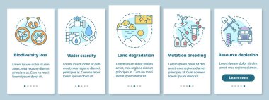 Doğrusal kavramlar ile mobil uygulama sayfası ekranında çevre sorunları. Biyolojik çeşitlilik kaybı, arazi bozulması adımları grafik talimatları. Ux, Ui, Gui vektör şablonu çizimleri ile