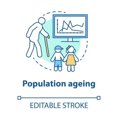Nüfus yaşlanma kavramı simgesi. yaşlı insanlar sayısı gezegen fikir ince çizgi illüstrasyon artan. Gençlik eksikliği ile demografik sorunlar. Vektör yalıtılmış anahat çizimi. Kullanılabilir kontur