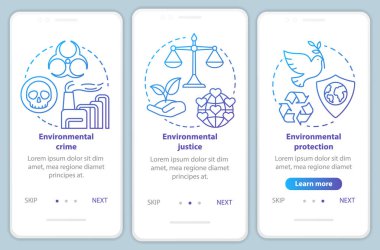 Çevre yasası mobil uygulama sayfası ekran vektör şablonu onboarding. Çevre suçu. Mavi doğrusal çizimler ile Walkthrough web sitesi adımları. Ux, Ui, Gui akıllı telefon arayüz konsepti
