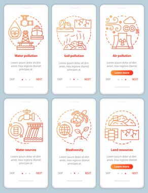 Earth kaynakları ve kirlilik sorunları mobil uygulama sayfası ekran vektör şablonu onboarding. Kaynak. Kırmızı doğrusal çizimler ile Walkthrough web sitesi adımları. Ux, Ui, Gui akıllı telefon arayüz konsepti