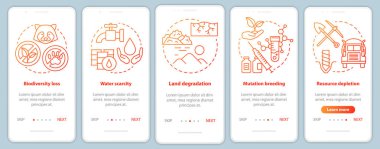 Mobil uygulama sayfası ekran vektör şablonuna binen çevresel sorunlar. Biyolojik çeşitlilik kaybı. Kırmızı doğrusal çizimler ile Walkthrough web sitesi adımları. Ux, Ui, Gui akıllı telefon arayüz konsepti