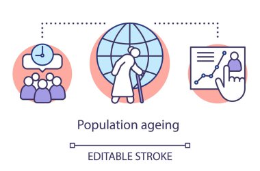 Nüfus yaşlanma kavramı simgesi. Demografik sorun. Artan yaşam beklentisi. Emeklilersosyal koruma. Yaşlılar fikir ince çizgi illüstrasyon. Vektör yalıtılmış anahat çizimi. Kullanılabilir kontur
