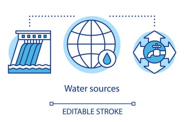 Su kaynakları kavramı simgesi. Su tahsisi için çerçeve. Bilinçli kullanımı doğal kaynakları. Çevre kirliliği fikir ince çizgi illüstrasyon. Vektör yalıtılmış anahat çizimi. Kullanılabilir kontur