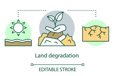 Arazi bozulması kavramı simgesi. Toprak erozyonu. Kurak bölge. Kuru sıcak iklim. Ekstrem tarım bölgesi. Desertification fikir ince çizgi illüstrasyon. Vektör yalıtılmış anahat çizimi. Kullanılabilir kontur