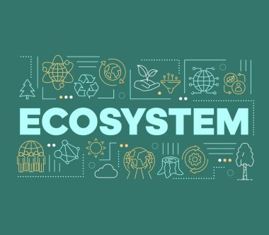 Ekosistem kelime kavramları afiş. Sunum, web sitesi. Sürdürülebilir yaşam. Doğanın ve vahşi yaşamın korunması. Doğrusal simgeler ile izole harf tipografi fikri. Vektör anahat çizimi