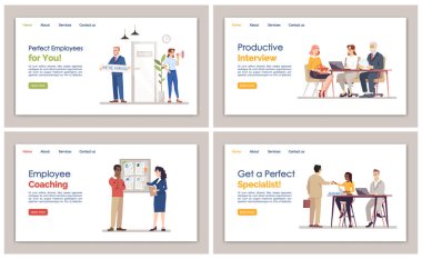 İnsan Kaynakları ajansı açılış sayfası vektör şablonu seti. Düz çizimler ile İstihdam hizmeti web sitesi arayüz fikri. Personel alımı ana sayfa düzeni. İş arama web afiş, web sayfası karikatür kavramı