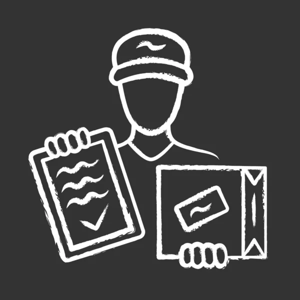 Pakket levering krijt pictogram. Koeriersdienst. Pakketbezorging. Deliveryman met doos en factuur. Postman Holding kartonnen pakket. Postdienst, verzending. Geïsoleerde vector schoolbord illustratie — Stockvector