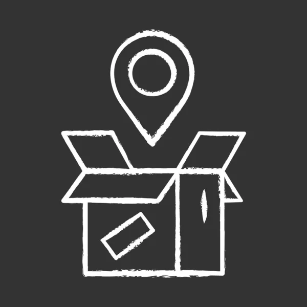 Icono de tiza de seguimiento de paquetes. Monitoreo de ubicación. Estado del pedido seguimiento y rastreo postal. Servicio de entrega. Caja de cartón con pin de mapa. Ilustración aislada de pizarra vectorial — Vector de stock