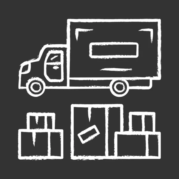 Icono de tiza de entrega de artículos pesados. Camión de carga. Camión de transporte de mercancías. Una furgoneta. Vehículo de servicio postal. Exportación e importación. Ilustración aislada de pizarra vectorial — Vector de stock