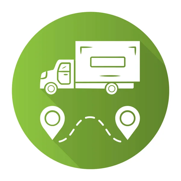 Levering truck groene platte ontwerp lange schaduw glyph pictogram. Vracht vrachtwagen. Vrachtvervoer auto. Zware goederenlevering van. Voertuig voor postdiensten. Vector silhouet illustratie — Stockvector