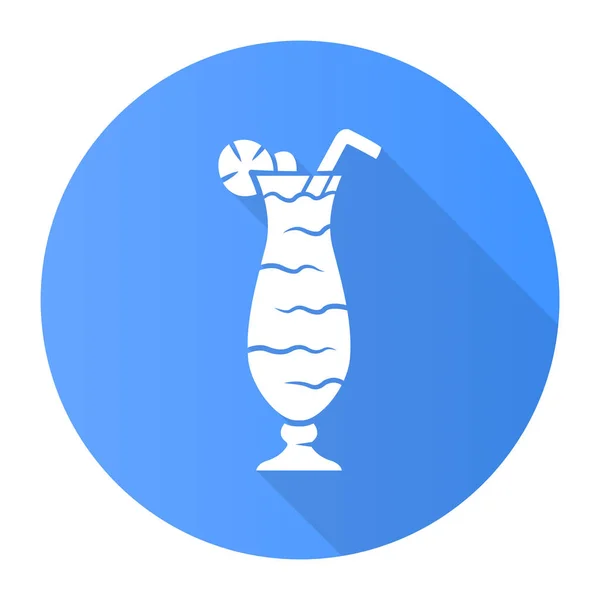 Cocktail in hurricane glass blue flat design long shadow glyph icon. Tumbler with tall beverage, slice of lemon and straw. Mixed alcohol drink with rum and fruit juice. Vector silhouette illustration — Stock Vector