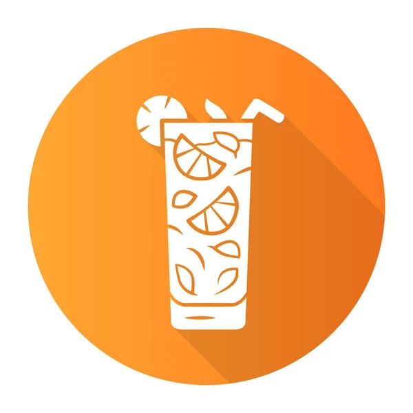 Moxito oranje plat ontwerp lange schaduw glyph pictogram. Mojito cocktail in Highball glas schijfje citrus en stro. Gemengde verfrissende alcohol drinken met mint en citroen. Vector silhouet illustratie — Stockvector