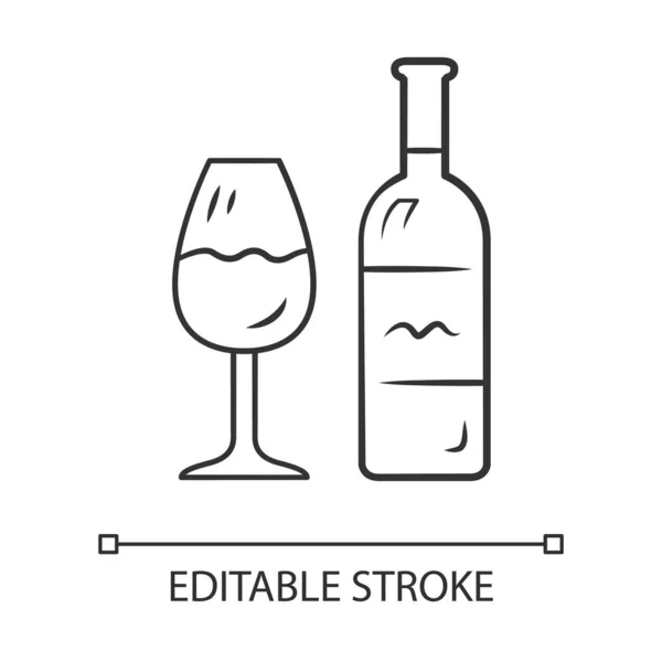 Icona lineare del vino. Bottiglia e calice classico con vino. Degustazione di vite. Bevanda alcolica. Illustrazione linea sottile. Simbolo del contorno. Schema vettoriale isolato. Ictus modificabile — Vettoriale Stock