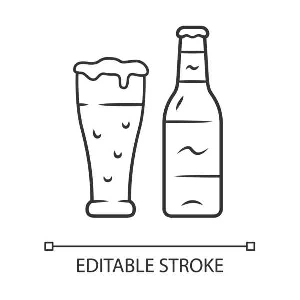 Beer linear icon. Uncorked bottle and glass of beverage. Bottled and draft lager. Alcoholic drink. Pint of ale. Thin line illustration. Contour symbol. Vector isolated outline drawing. Editable stroke — Stock Vector