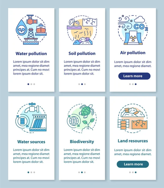 Recursos terrestres y problemas de contaminación onboarding pantalla de la página de la aplicación móvil con conceptos lineales. Fuente, guía de biodiversidad pasos instrucciones gráficas. UX, UI, plantilla de vector GUI con ilustraciones — Archivo Imágenes Vectoriales