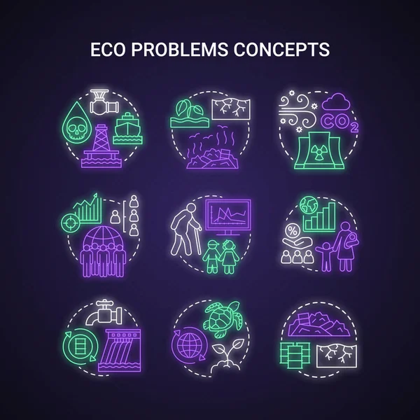 Eco problems neon light concept icons set. Ecological disaster i — Stock Vector