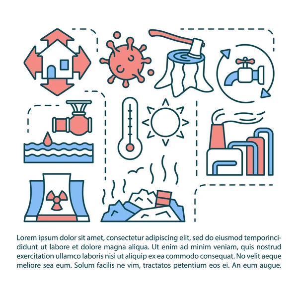 Шаблон векторной страницы статьи экологической катастрофы. Ущерб окружающей среде, изменение климата. Брошюра, журнал, элемент оформления буклета с линейными иконками. Печать дизайн. Концепция иллюстраций с текстом — стоковый вектор