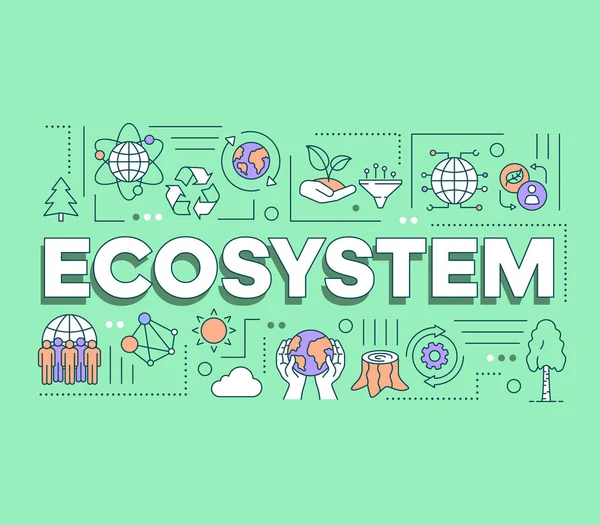 Ecosistema parola concetti banner. Presentazione, sito web. Una vita sostenibile. Protezione della natura e della vita selvaggia. Idea tipografica di caratteri isolata con icone lineari. Illustrazione dello schema vettoriale — Vettoriale Stock