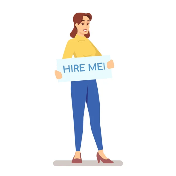 Ilustración de vector plano Jobseeker. Jovencita sosteniendo pancarta con la inscripción de contratarme. Candidato a la vacante, persona desempleada, cazador de empleo, personaje de dibujos animados aislado empleado en fondo blanco — Vector de stock