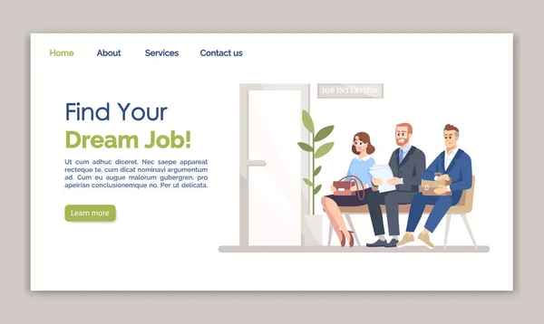 Encuentra tu plantilla de vector de landing page de trabajo de ensueño. Idea de interfaz del sitio web de reclutamiento con ilustraciones planas. Diseño de página web de la agencia de recursos humanos. Banner web del servicio de empleo, concepto de dibujos animados de página web — Vector de stock