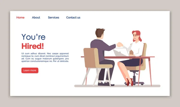 Você é contratado modelo de vetor de landing page. Idéia de interface de site da agência de RH com ilustrações planas. Layout de página inicial de recrutamento. Banner de web de entrevista de emprego bem sucedido, conceito de desenho animado de página da web — Vetor de Stock