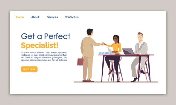 Obtenha um modelo de vetor de landing page especializado perfeito. Idéia de interface de site da agência de RH com ilustrações planas. Layout de página inicial do serviço de emprego. Pessoal contratando banner web, conceito de desenho animado da página web — Vetor de Stock