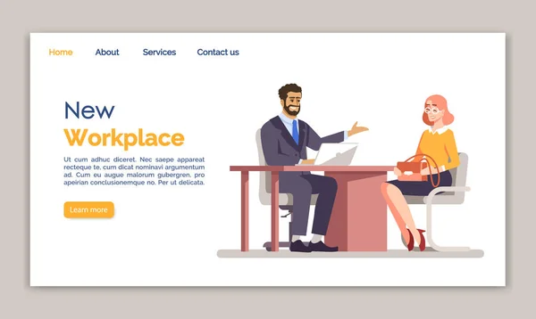 Neue Landing Page Vektor-Vorlage für den Arbeitsplatz. Interface-Idee der Website der Arbeitsagentur mit flachen Illustrationen. Gestaltung der Homepage zur Personalbeschaffung. job interview web banner, webseite cartoon konzept — Stockvektor