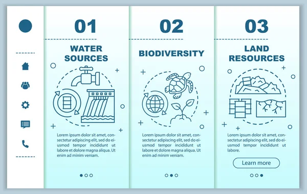 Zdroje v mobilních webových stránkách. Voda, pozemní zdroje. Reagující představa uživatelského rozhraní smartphone s lineárními ilustracemi. Obrazovky kroků názorného kroku. Koncepce barev — Stockový vektor