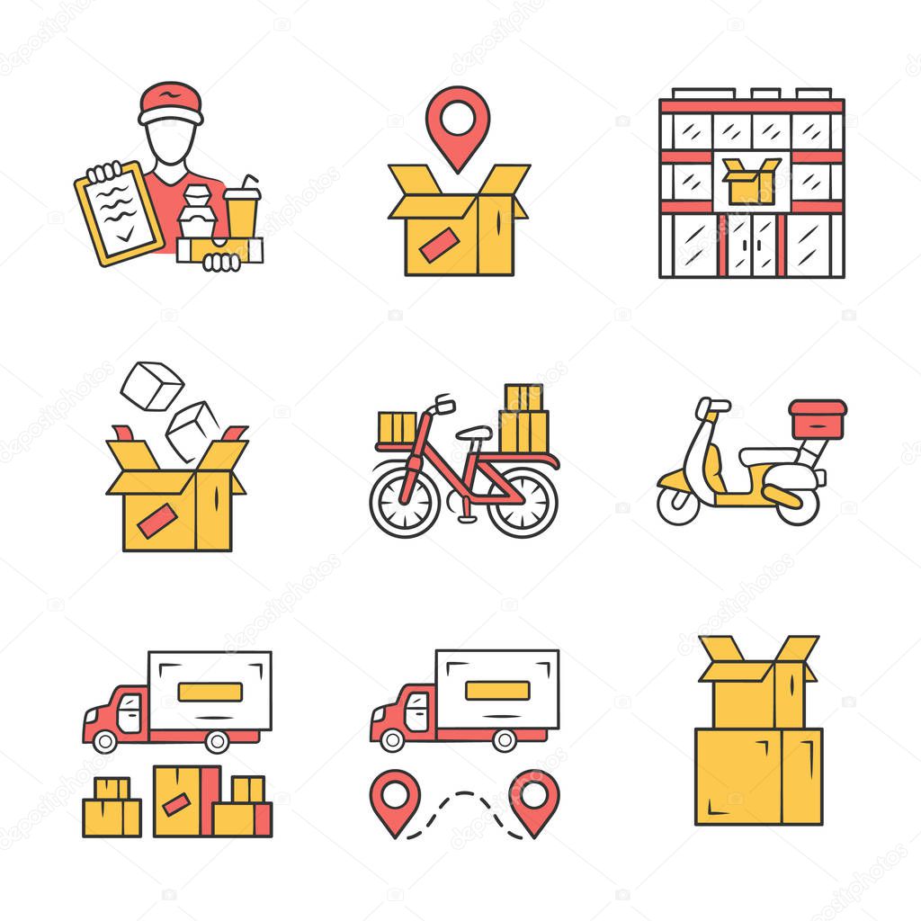 Delivery yellow color icons set. Parcel tracking, post office, cardboard box, order packing. Heavy goods shipping truck. Scooter, bicycle delivery. Isolated vector illustrations