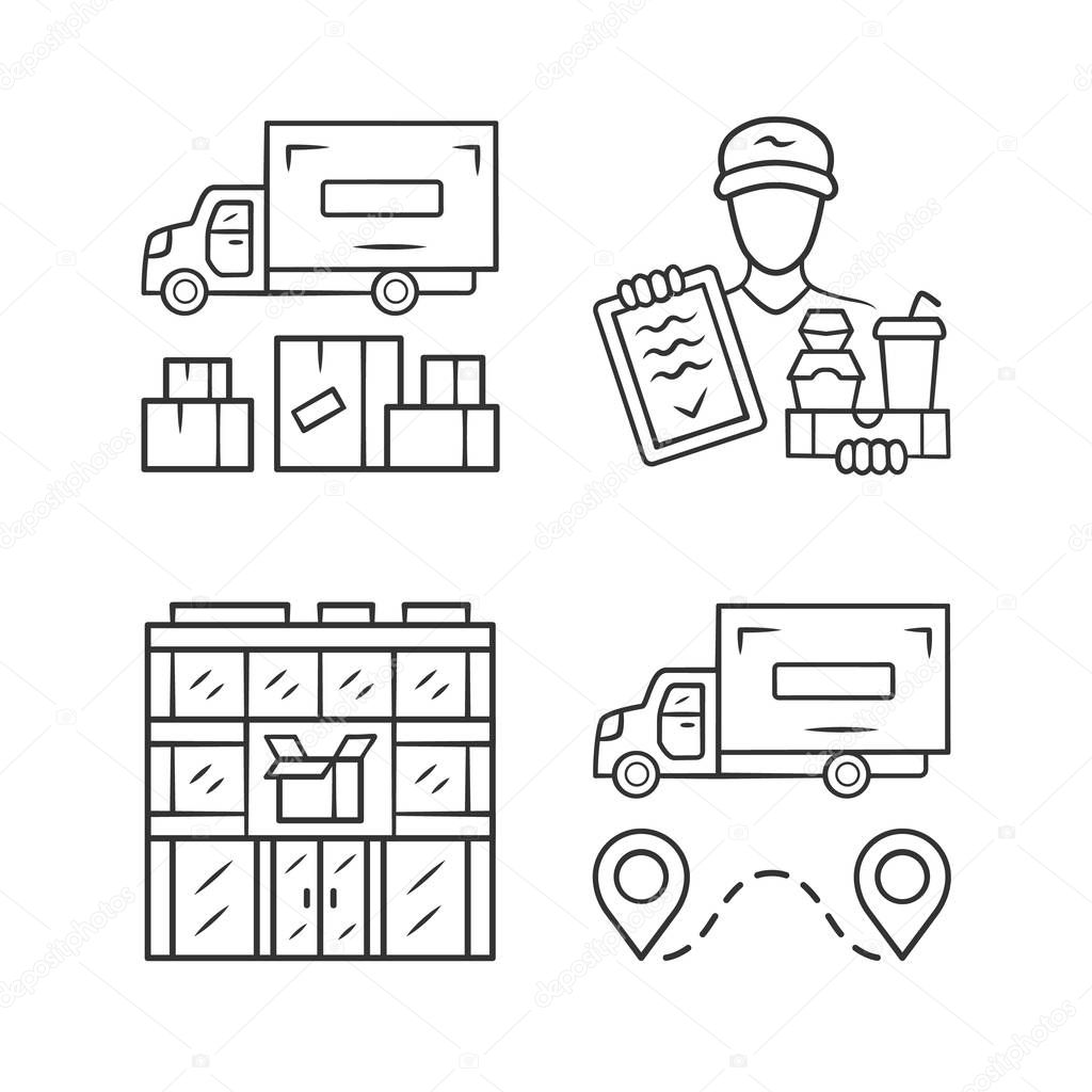 Delivery linear icons set. Heavy goods shipping, food delivery courier, post office. Cargo transportation truck. Shipment. Thin line contour symbols. Isolated vector illustrations. Editable stroke