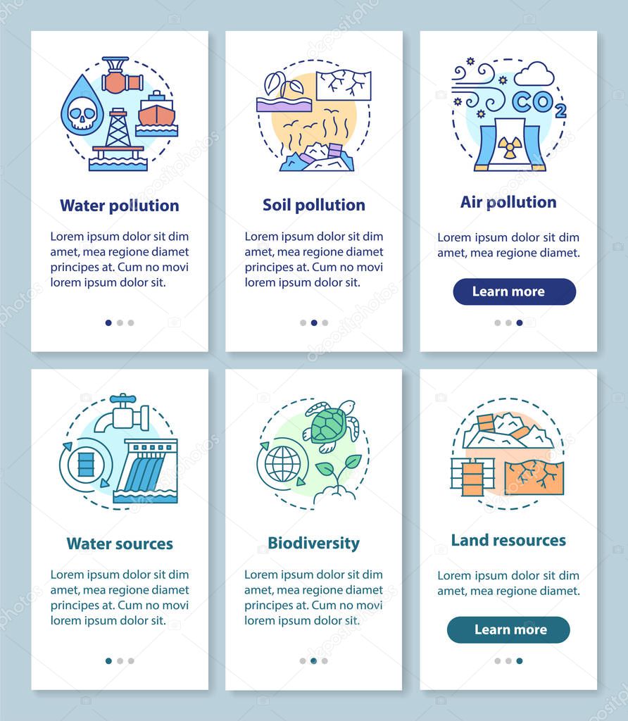 Earth resources and pollution issues onboarding mobile app page screen with linear concepts. Source, biodiversity walkthrough steps graphic instructions. UX, UI, GUI vector template with illustrations