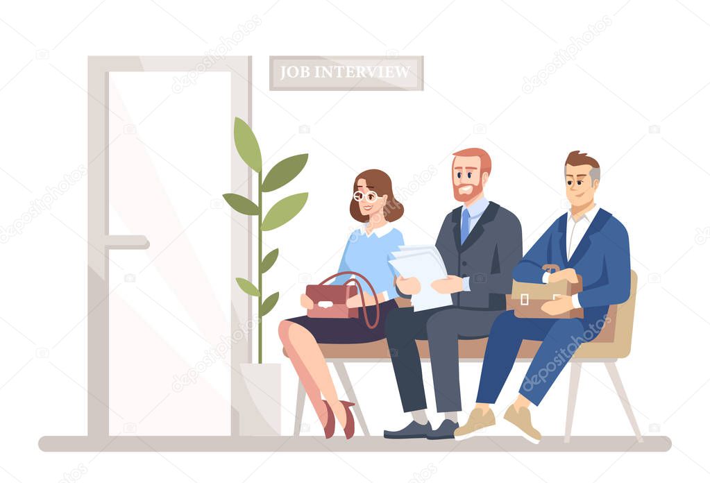 People waiting for job interview flat vector illustration. Smiling men, woman, vacancy candidates sitting under HR manager office door. Unemployed isolated cartoon characters on white background