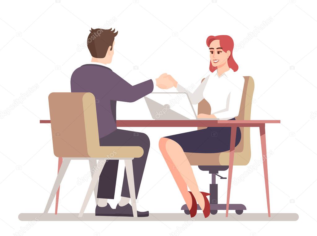 Recruiter hiring employee flat vector illustration. Successful job interview. Employer hiring worker. HR manager handshaking with job seeker. Partners isolated cartoon characters on white background
