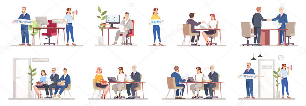 HR agency flat vector illustrations set. Staff search, recruitment. Resume review, interviewing candidates. Help people find work. Employers, recruiters, job seekers isolated cartoon characters