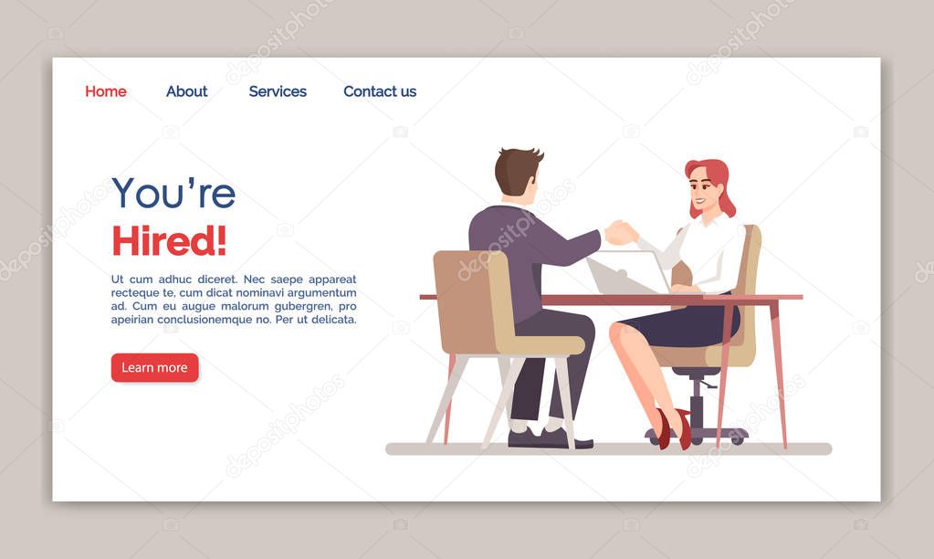 You are hired landing page vector template. HR agency website interface idea with flat illustrations. Recruitment homepage layout. Successful job interview web banner, webpage cartoon concept