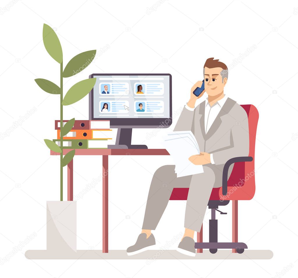 HR manager searching vacancy candidate flat vector illustration. Employment service. Employer choosing worker. Recruiter calls applicant isolated cartoon character on white background
