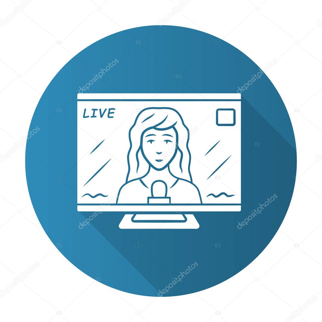 Reporter woman on TV blue flat design long shadow glyph icon. Female journalist reporting breaking news live. Newscast. Newswoman on TV screen. Vector silhouette illustration
